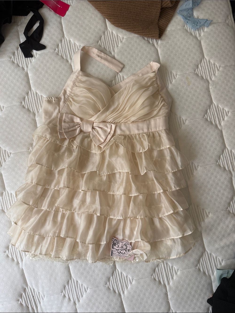 Girls Cream Ruffle Party Dress with Bow